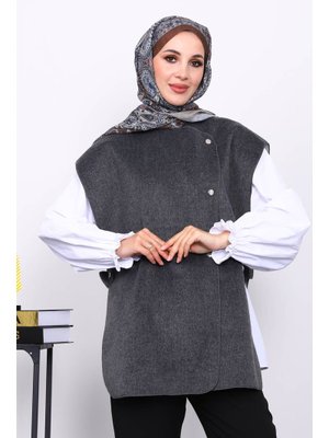 İmaj Butik Antrasit Çıtçıt Detaylı Kaşe Yelek