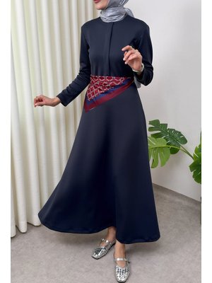 Salih Çelebi Lacivert Scuba Suni Deri Kemerli Elbise