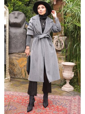 İmaj Butik Füme Kolları Örgü Detaylı Angora Kaban