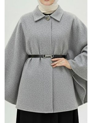 İmaj Butik Koyu Gri Kemerli Kaşe Panço