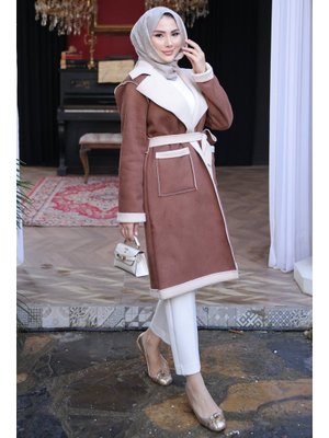 İmaj Butik Taba Kruvaze Yaka İçi Kürklü Süet Kaban