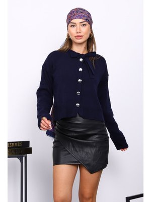 İmaj Butik Lacivert Yaka Bağlamalı Düğmeli Triko Hırka