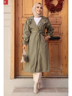 Neva Style Boncuk Detaylı Haki Trençkot 639hk