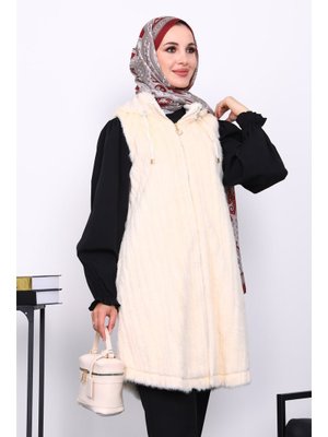 İmaj Butik Krem Kapüşonlu Kürk Yelek