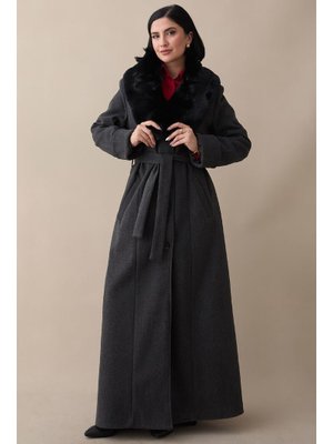 InStyle Yakası Kürklü Astarlı Kuşaklı Gri Kaşe Kaban