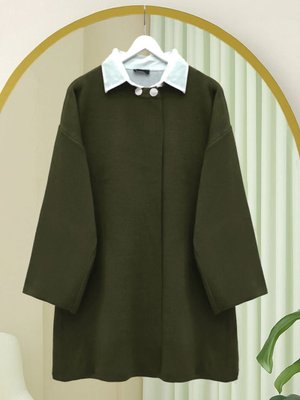 Podyumplus Haki Çift Düğmeli Salaş Triko Panço