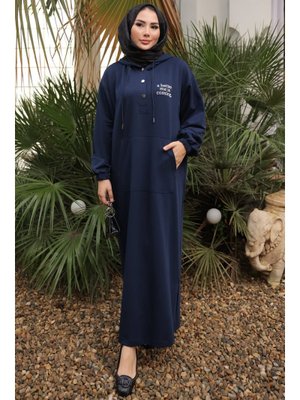 İmaj Butik Lacivert Baskılı Kapüşonlu İki İplik Elbise
