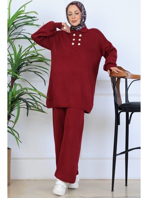 Benguen Bordo Düğme Detaylı Triko Takım