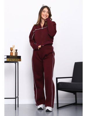 İmaj Butik Mürdüm Üç İplik Sweat Hırka Pantolonlu Takım