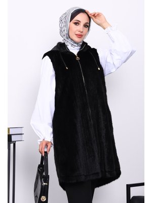 İmaj Butik Siyah Kapüşonlu Kürk Yelek