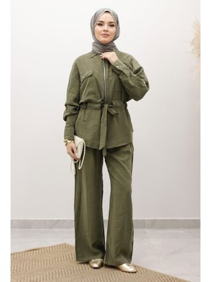 Tesettür Dünyası Haki Beli Büzgülü Fermuarlı İkili Takım