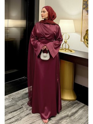 Salih Çelebi Bordo Pelerinli Saten Abiye Elbise