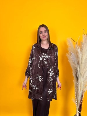 De White`s Büyük Beden Lü Bluzlu Pantolonlu Ceketli Takım Kahve