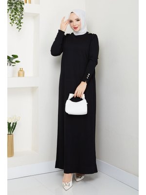 Pamuk Butik Siyah Omuzu Apoletli Merserize Triko Elbise