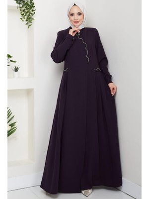 Hafsa Mina Mürdüm Broşlu Büyük Beden Ferace