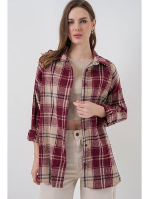 Bigdart Bordo Ekose Desen Oversize Oduncu Gömlek