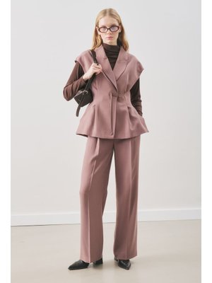 MANUKA Dökümlü Tencel Kemerli Yelek Gülkurusu