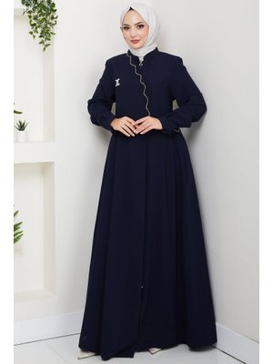 Hafsa Mina Lacivert Broşlu Büyük Beden Ferace