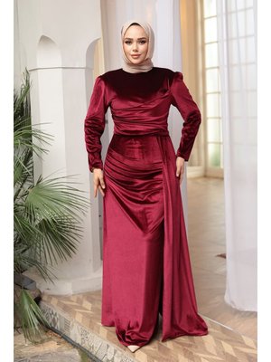 Neva Style Kuyruk Detaylı Bordo Kadife Abiye Elbise 57912br