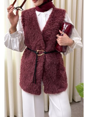 Salih Çelebi Bordo Kemerli Kürk Yelek