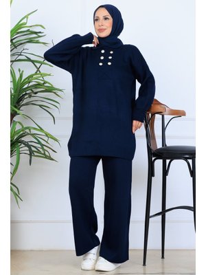 Benguen Lacivert Düğme Detaylı Triko Takım