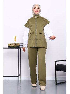 İmaj Butik Haki Fermuarlı Cepli Yelek Pantolonlu Scuba Takım