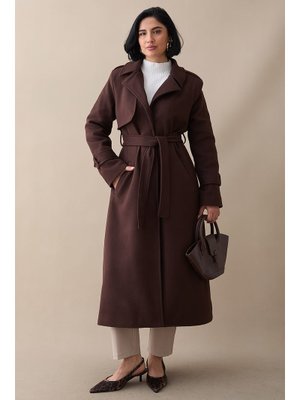 InStyle Tek Kapaklı Cepli Kuşaklı Acı Kahve Kaşe Kaban