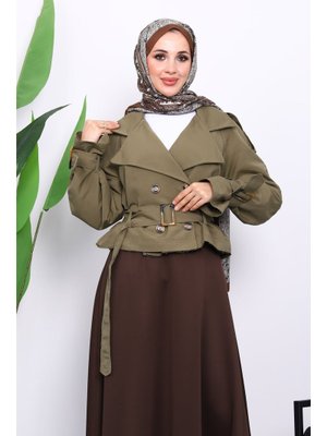 İmaj Butik Haki Kruvaze Yaka Kemerli Kısa Trençkot