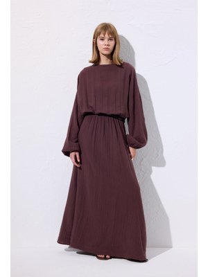 MANUKA Mürdüm Müslin Beli Büzgülü Elbise