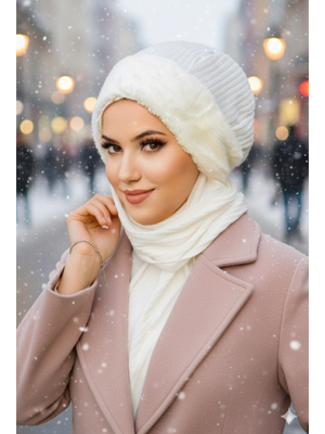 AİŞE TESETTÜR Kırık Beyaz Fitilli Kürk Aksesuarlı Bere