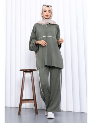 İmaj Butik Haki Fermuarlı Sweat Pantolonlu Modal Takım