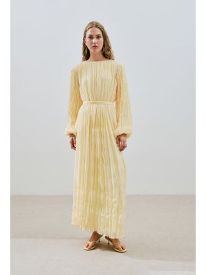 MANUKA Sarı Piliseli Şifon Elbise Soft