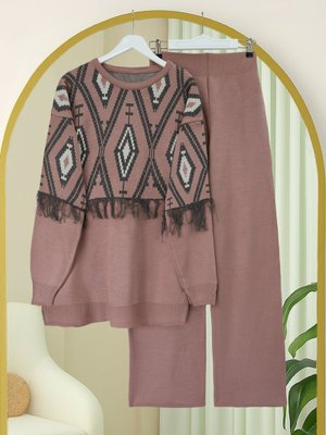 Podyumplus G.kurusu Önü Ve Kolu Saçaklı Piksel Desen Triko Takım