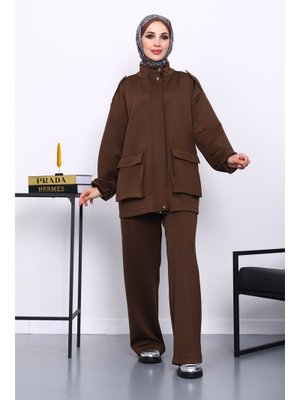 İmaj Butik Kahverengi Fermuarlı Scuba Ceket Pantolonlu Takım