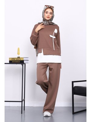 İmaj Butik Vizon Bisiklet Yaka Gül Detaylı Tunik Pantolonlu Modal Takım