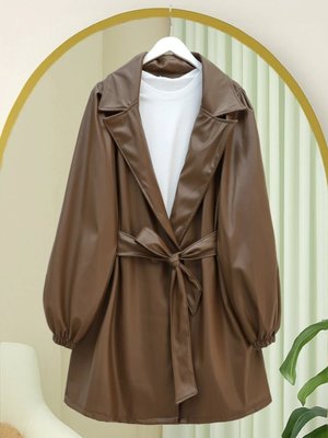 Podyumplus Taba Çift Cepli Düğmeli Kolu Lastikli Deri Kap