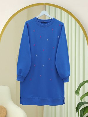 Podyumplus Mavi Yuvarlak Yaka Kalp Desenli Penye Tunik