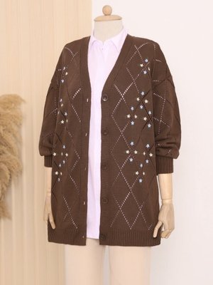 Podyumplus K. Kahve Ajurlu Çiçek Nakışlı Düğmeli Triko Hırka