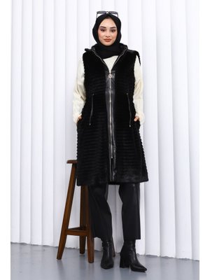 İmaj Butik Siyah Deri Garnili Angora Yumoş Yelek