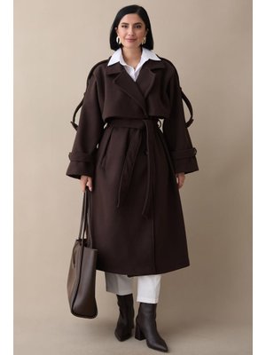 InStyle Apoletli Kuşaklı Astarsız Oversize Acı Kahve Kaşe Kaban
