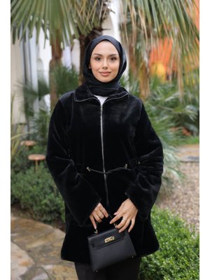 İmaj Butik Siyah Beli İpli Flato Cepli Fermuarlı Peluş Mont