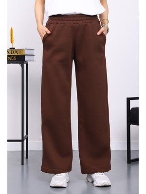 İmaj Butik Kahverengi Bel Lastikli Şardonlu Üç İplik Pantolon