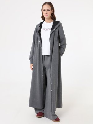 Benin Gri Melanj Kapüşon Detaylı Çıtçıtlı Spor Kap / Pardesü