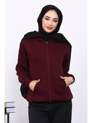 İmaj Butik Mürdüm Kanguru Cepli Şardonlu Üç İplik Hırka