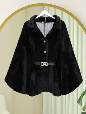 Podyumplus Siyah Gold Düğme Detay Kemerli Alcantara Panço