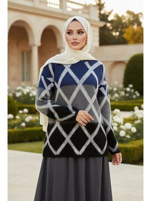 Neva Style Blok Renkli İndigo Mavisi Triko Kazak Tunik 87381ım