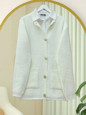 Podyumplus Beyaz Önü Düğmeli Çift Cepli Yumoş Triko Hırka