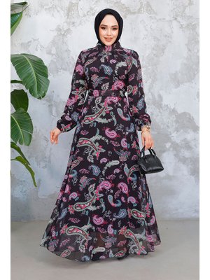 Neva Style Çiçek Desenli Siyah Fuşya Elbise 52681sf