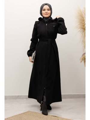 Tesettür Dünyası Siyah Kolu Lastikli Fermuar Detaylı Kaşe Kaban