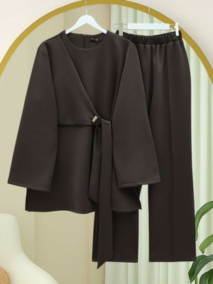 Podyumplus K. Kahve Önü Çapraz Bağlamalı Yırtmaçlı Scuba Takım